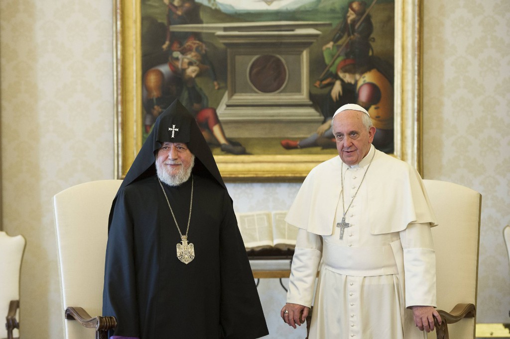 Catholicos Karekin II of Etchmiadzin, patriarch of the Armenian Apostolic Church, and Pope Francis pose for a photo during a meeting at the Vatican May 8. (CNS photo/L'Osservatore Romano via Reuters)