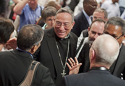 Honduran Cardinal Oscar Rodriguez Maradiaga of Tegucigalpa is seen after his election to a second four-year term as president of Caritas Internationalis in Rome in this 2011 file photo. (CNS photo/courtesy of Elodie Perriot, Caritas)