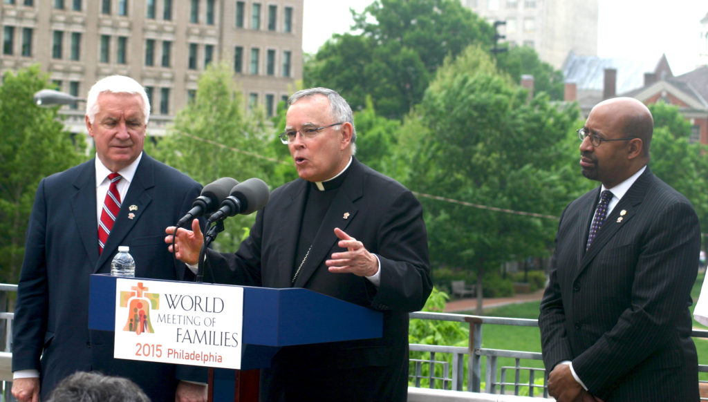 Philadelphia Archbishop Charles J. Chaput speaks at a press conference May 13 in Philadelphia at the Independence Visitors Center attended by the co-chairs of the 2015 World Meeting of Families, Pennsylvania Gov. Tom Corbett, left, and Philadelphia Mayor Michael Nutter. (CNS photo/Matthew Gambino, CatholicPhilly.com)