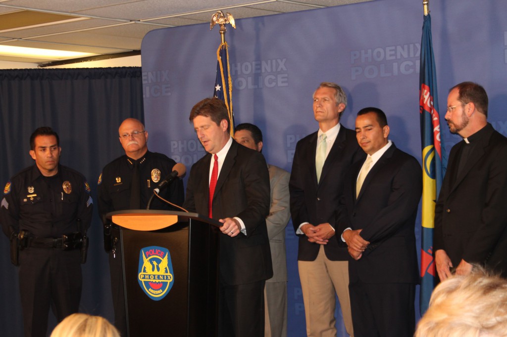 Phoenix Mayor Greg Stanton speaks at the press conference held at Phoenix Police headquarters regarding the murder of Fr. Kenneth Walker. 