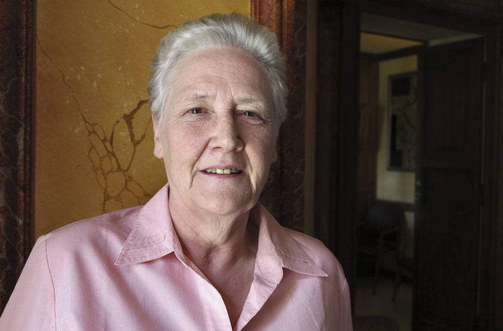 Marie Collins, a clerical sexual abuse survivor from Ireland and a member of the new Pontifical Commission for the Protection of Minors, poses for a photo during a conference on child protection at the Pontifical Irish College in Rome July 9. Collins was present during Pope Francis' July 7 meeting with six men and women who had been abused by clergy. (CNS photo/Carol Glatz)