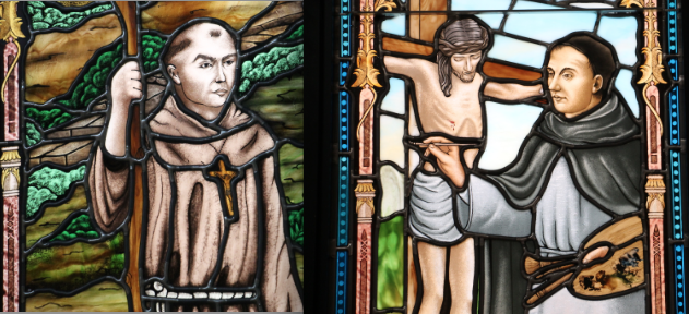 Phoenix's bishops recently blessed the stained glass windows depicting Blessed Junipero Serra and Blessed Fra Angelico during separate Masses within days of each other. The windows illumine the chapel honoring St. John Paul at the Diocesan Pastoral Center (Ambria Hammel/CATHOLIC SUN)