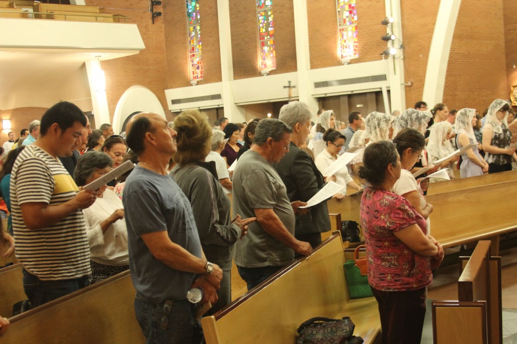 Hundreds of Catholics gathered at Ss. Simon and Jude Cathedral July 25 to pray a black mass in Oklahoma City would be canceled. (Joyce Coronel/CATHOLIC SUN)