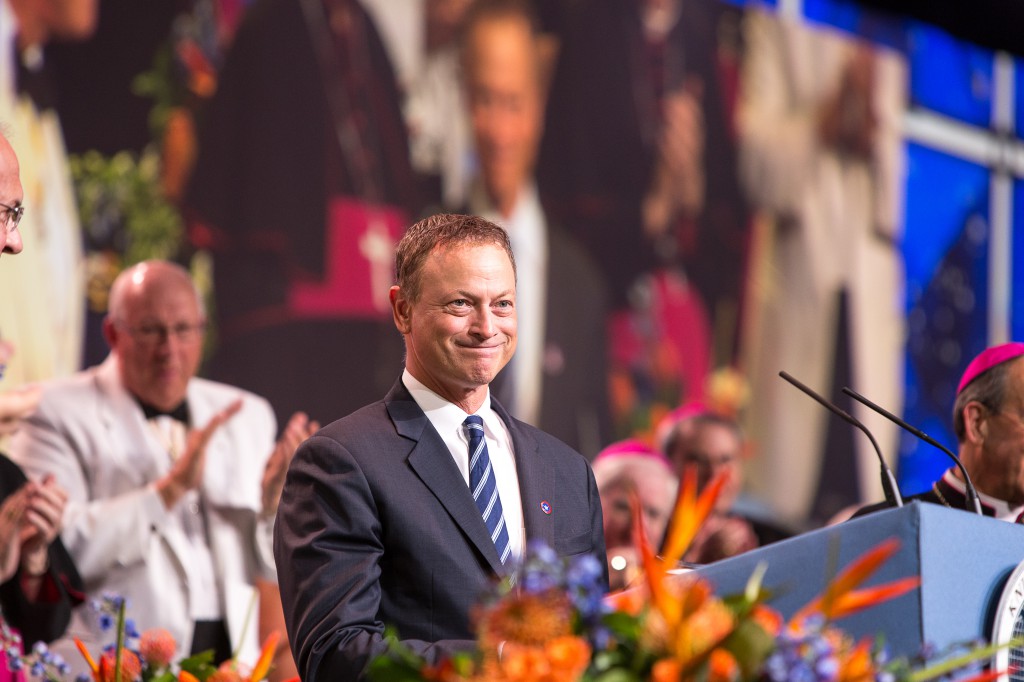 Actor Gary Sinise smiles as he speaks Aug. 5 at the 132nd Supreme Convention of the Knights of Columbus held in Orlando, Fla. Sinise, who is perhaps best known for his role as Lt. Dan in the 1994 film "Forrest Gump," spoke about his support for disabled veterans and his own journey to the Catholic faith. (CNS photo/Tom Tracy)  