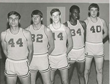 Father Timothy J. Hirten, Ch, Maj, USAF, in basketball team photo with the Barons of Franciscan University of Steubenville, Ohio, 1975. (photo courtesy of Archdiocese for the Military Services)