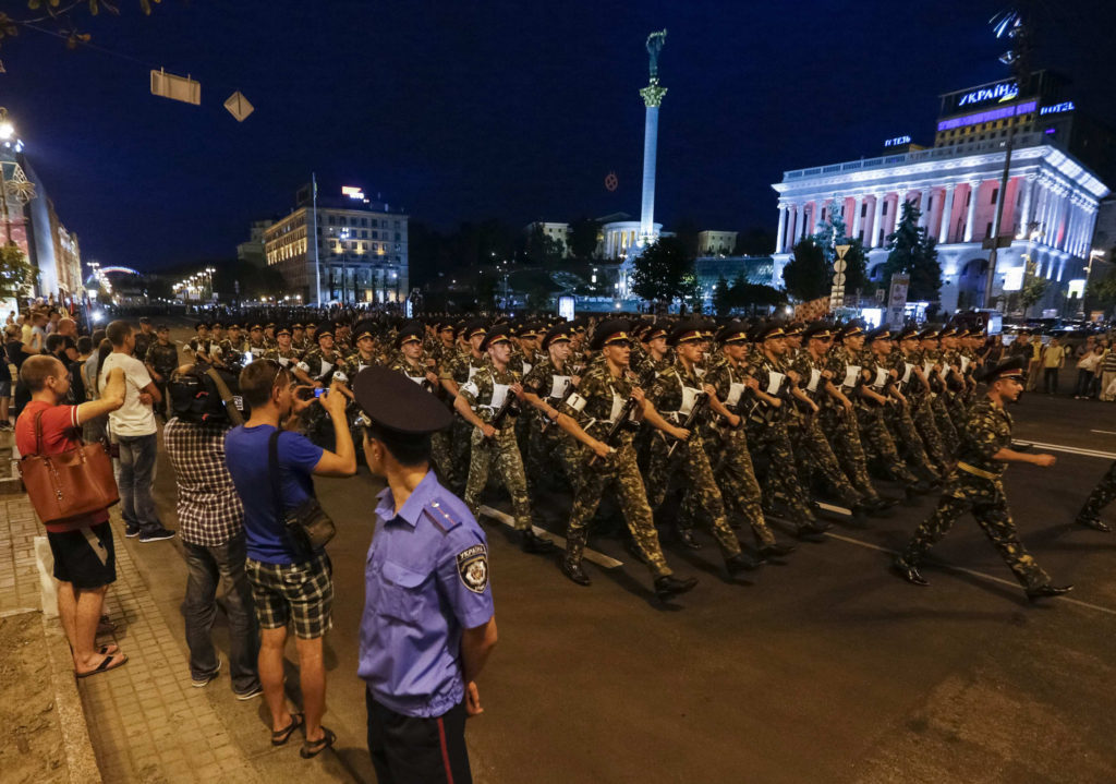 Ukrainian soldiers march along a street during a rehearsal for the Independence Day parade in Kiev Aug. 20. The parade will take place Aug. 24. (CNS photo/Gleb Garanich, Reuters) 