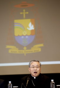 Cardinal Andrew Yeom Soo-Jung of Seoul, South Korea, speaks during a press conference at the Korea Press Foundation March 12. About 30 countries will participate in South Korea's five-day Asian Youth Day event that is focused on formation and spiritual l ife, particularly for youth leaders. The event will coincide with Pope Francis' visit to that country, where he is scheduled to beatify 124 Korean martyrs. (CNS photo/Jeon Heon-Kyun, EPA)