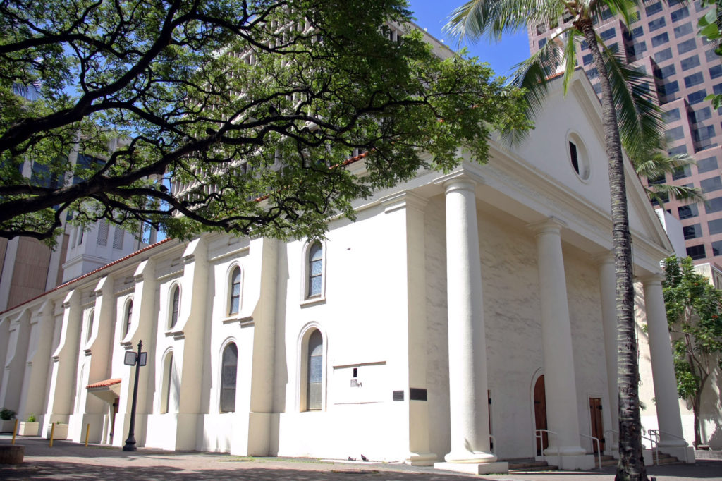 This exterior view taken July 24 shows Honolulu's Cathedral Basilica of Our Lady of Peace. Honolulu Bishop Larry Silva announced July 18 that the Vatican has designated the cathedral as a minor basilica in recognition of its historic and spiritual significance. (CNS photo/Darlene Dela Cruz, Hawaii Catholic Herald)