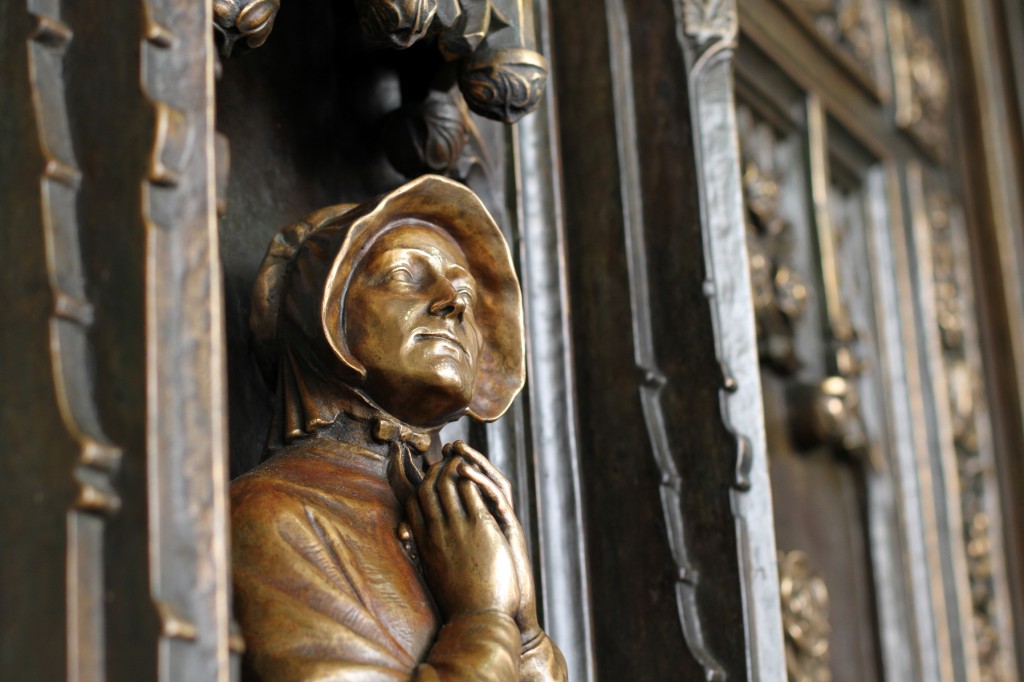 A statue of St. Elizabeth Ann Seton is seen on one of the two restored bronze doors at the main entrance of St. Patrick's Cathedral in New York following their installation Aug. 14 in this 2013 file photo. (CNS photo/Gregory A. Shemitz) 