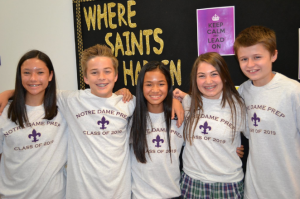 Prospective students from several Valley schools attend Notre Dame Prep's first Shadow Day of the new school year Sept. 15. Shown from left to right are eighth-graders Sabrina Arevalo (Desert Canyon), Mason Liebman (Scottsdale Prep), Gracie Jacobson (Scottsdale Prep), Renee Pierson (Our Lady of Perpetual Help) and Alec Owen (Scottsdale Prep). Many Catholic schools are offering shadow days through December. (courtesy photo)