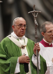 Pope Francis holds his crosier as he celebrates a Mass to open the extraordinary Synod of Bishops on the family in St. Peter's Basilica at the Vatican Oct. 5. (CNS photo/Paul Haring)