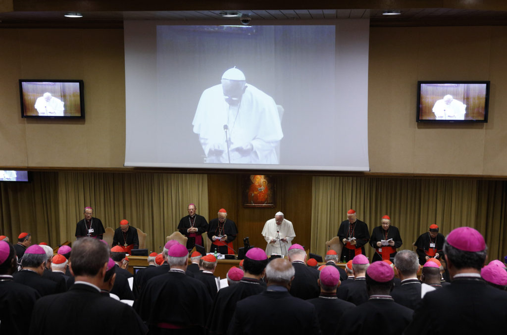 Pope Francis attends the morning session of the extraordinary Synod of Bishops on the family at the Vatican Oct. 18. (CNS photo/Paul Haring)