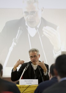Father Gabriele Nanni, exorcist for the Diocese of Teramo, Italy, gives a presentation during a 2011 course on exorcism and Satanism at the Legionaries of Christ's Pontifical Regina Apostolorum University in Rome. Pope Francis said the church's official exorcists show the church's love for the suffering. (CNS photo/Paul Haring)