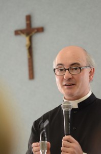 Father Jose Antonio Fortea gives a talk about exorcism and pastoral care during a 2012 workshop at Assumption Catholic Church in Jacksonville, Fla. Father Fortea, a priest of the Diocese of Alcala de Henares, Spain, is an exorcist. Pope Francis said the church's official exorcists show the church's love for the suffering. (CNS photo/Don Burk)