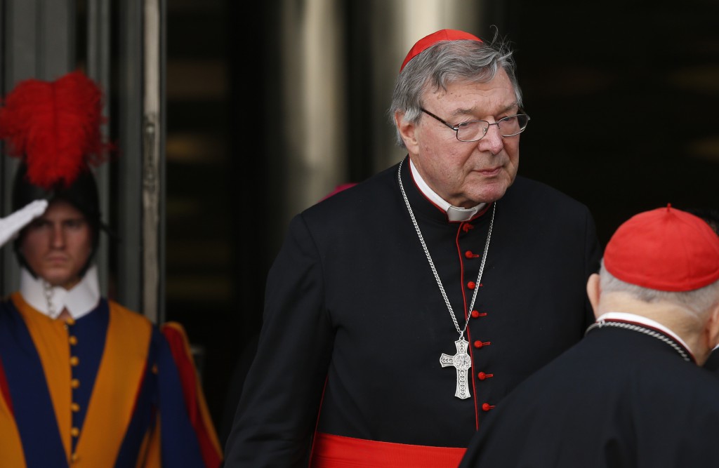 Australian Cardinal George Pell, prefect of the Vatican Secretariat for the Economy, leaves the morning session of the extraordinary Synod of Bishops on the family at the Vatican Oct. 16. In an Oct. 16 interview with Catholic News Service, Cardinal Pell said the synod's midterm report did not accurately represent the views of the synod fathers. (CNS photo/Paul Haring) See SYNOD-PELL Oct. 16, 2014.