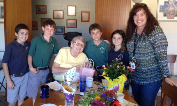 A few fourth-graders from Ss. Simon and Jude surprised Sr. Gabrielle Marry during breakfast at the convent Sept. 29 in honor of her 60th anniversary of perpetual vows as a Loreto Sister.(courtesy photo) 
