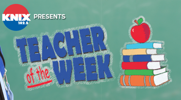 A screenshot shows part of the banner for KNIX 102.5FM's Teacher of the Week program. Two Catholic school teachers were selected in recent weeks.