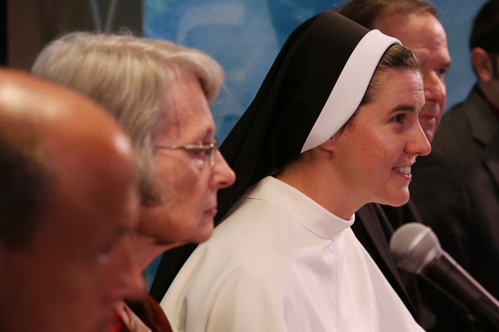 Dominican Sister Marie Bernadette Thompson, council coordinator for the Conference of Major Superiors of Women Religious, discusses initiatives focused on bringing together men and women religious and families, particularly young adults, during an Oct. 1 press conference in Washington. (CNS photo/Tyler Orsburn) 