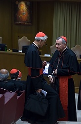 Cardinal Pietro Parolin, the Vatican's secretary of state, right, talks with Cardinal Donald W. Wuerl of Washington prior to the start of a consistory for the canonizations of Giuseppe Vaz and Maria Cristina dell'Immacolata Concezione in the Synod Hall at the Vatican Oct. 20. At the consistory, Pope Francis also discussed the Middle East. (CNS photo/Maria Grazia Picciarella, pool)