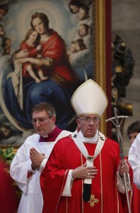 An image of Mary is seen as Pope Francis leaves after celebrating a Mass for deceased cardinals and bishops in St. Peter's Basilica at the Vatican Nov. 3. The Mass was held to remember and pray for the 10 cardinals and 111 bishops who died during the last year. (CNS photo/Paul Haring)