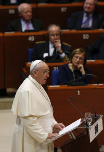 Pope Francis addresses the Council of Europe in Strasbourg, France, Nov. 25. The pope made an eight-hour trip to France to speak to the European Parliament and the Council of Europe. (CNS photo/Paul Haring)