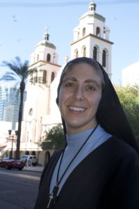 Sr. Anthony Mary Diago, RSM, seen here outside St. Mary's Basilica in downtown Phoenix Nov. 12, will represent the various religious orders and communities in the diocese and help people discern a call to religious life. 