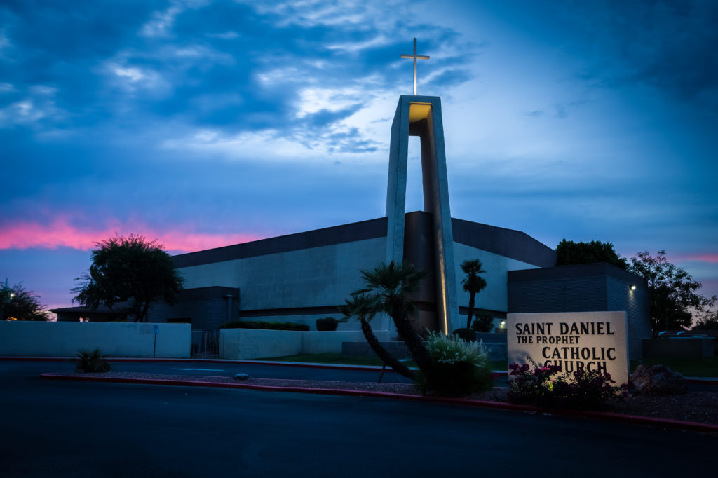Part of St. Daniel's award-winning lighting project allowed the Scottsdale parish to light up its steeple for the first time. (photo courtesy of St. Daniel Parish)