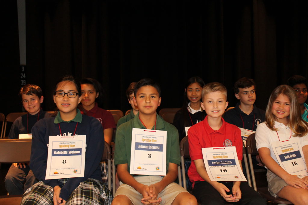 The competition was stiff at the 2015 diocesan spelling bee as 26 students faced off in a spellbinding competition. (Joyce Coronel, CATHOLIC SUN)