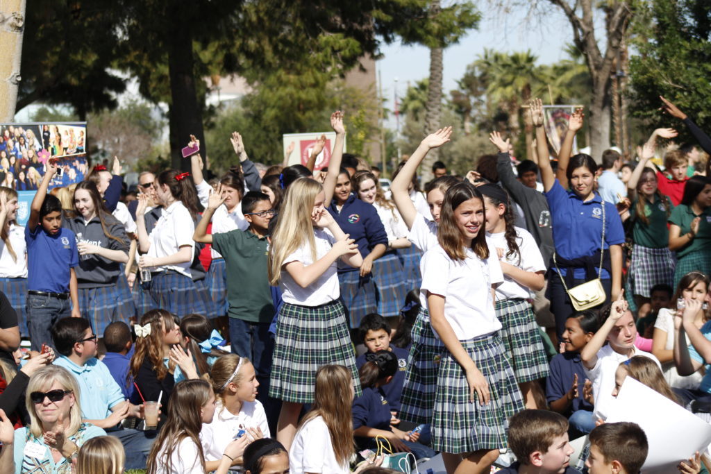 Bishop Gerald F. Kicanas of Tucson invited student council leaders from Catholic campuses across Arizona to stand in his brief remarks about leadership and the examples Catholic school students set. (Ambria Hammel/CATHOLIC SUN)