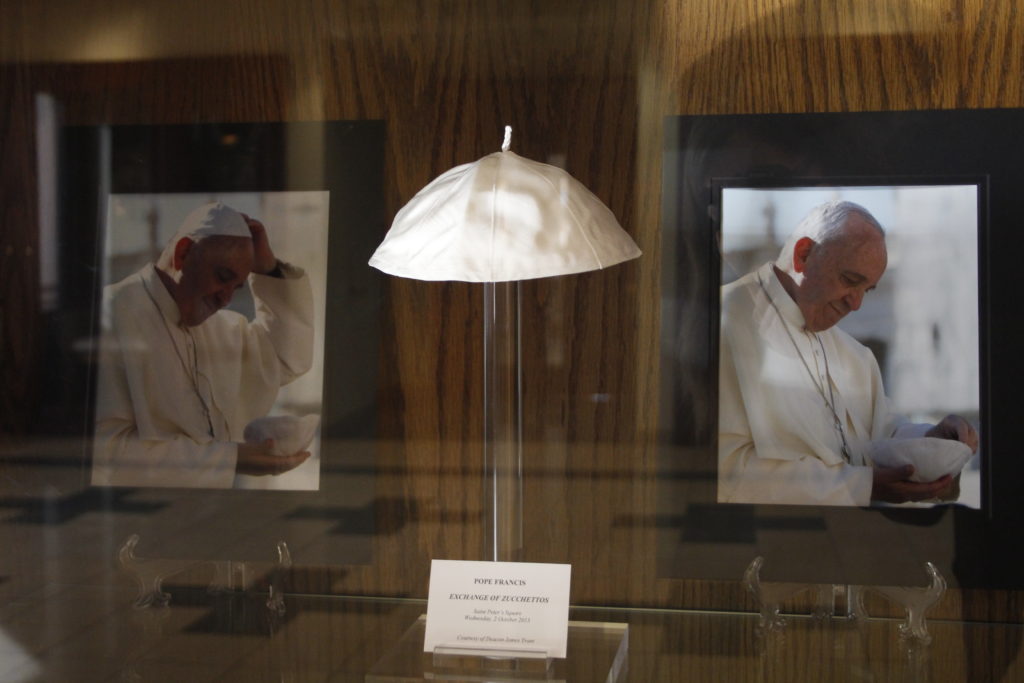 Pope Francis exchanged his zucchetto, shown, with Deacon Jim Trant, director of the diacoante for the Diocese of Phoenix in Oct. 2013. (Ambria Hammel/CATHOLIC SUN)