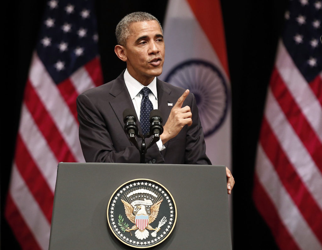 U.S. President Barack Obama addresses a gathering at Siri Fort Auditorium in New Delhi Jan. 27. An Indian Catholic leader welcomed the parting message of Obama, who reiterated freedom of religion as a fundamental right.  (CNS photo/Ahmad Masood, Reuters)  