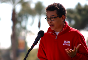 Benjamin Cortez, a sophomore at Seton Catholic Preparatory in Chandler and graduate of Queen of Peace in Mesa, shared what his Catholic education has made for him during the Catholic Schools Week rally at the state Capitol Jan. 28. (Ambria Hammel/CATHOLIC SUN)