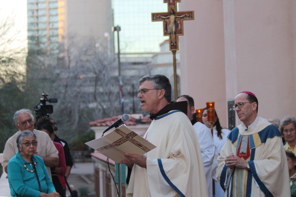Fr. Michael Weldon, OFM, rector of St. Mary's Basilica, welcomed the faithful to the centenary gathering Feb. 11. 