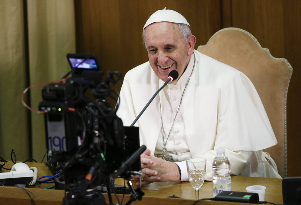 Pope Francis looks into to a camera during a worldwide broadcast online as he leads a meeting at the Vatican Feb. 5. The pontiff will visit the U.S. this fall. (CNS photo/Max Rossi, Reuters)