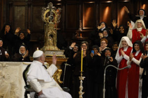 Pope Francis waves during a meeting with religious at the cathedral in Naples, Italy, March 21. (CNS photo/Paul Haring)