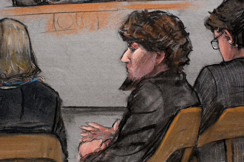 A courtroom sketch shows accused Boston Marathon bomber Dzhokhar Tsarnaev during closing arguments April 6 in his trial at the federal courthouse in Boston. The bishops of Massachusetts urged against a death sentence for the bombing defendant, reiterating Catholic teaching that says cases where capital punishment is acceptable are practically nonexistent. (CNS illustration/Jane Flavell Collins via Reuters)