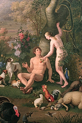 This is a detail of a painting of Adam and Eve by Peter Wenzel that is displayed in the Pinacoteca at the Vatican Museums. A national debate among evangelicals on the reality of Adam and Eve has prompted a look at what the Catholic Church says about the "first couple." (CNS photo/Nancy Wiechec) 