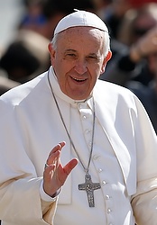 Pope Francis waves as he arrives for his general audience in St. Peter's Square at the Vatican April 1. (CNS photo/Paul Haring)