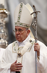 Pope Francis leaves after celebrating Holy Thursday chrism Mass in St. Peter's Basilica at the Vatican April 2. (CNS photo/Paul Haring)