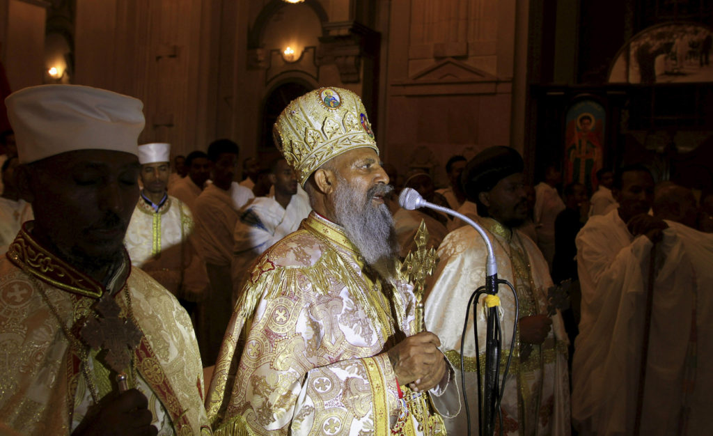 Patriarch Mathias of the Ethiopian Orthodox Tewahedo Church speaks during the April 11 Easter Vigil at Holy Trinity Cathedral in Addis Ababa, Ethiopia. Pope Francis has sent his condolences to the patriarch for the execution of more than 20 Ethiopian Christians at the hands of Islamic State militants in Libya. (CNS photo/Tiksa Negeri, Reuters)