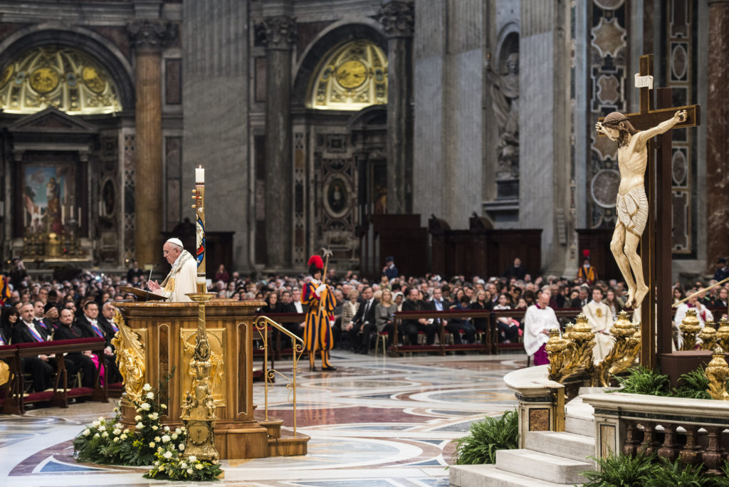 Pope Francis preaches during first vespers of Divine Mercy Sunday in St. Peter's Basilica at the Vatican April 11. Before celebrating vespers, the pope released a 9,300-word document officially proclaiming the 2015-2016 extraordinary Holy Year of Mercy. (CNS photo/Cristian Gennari) 