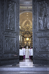 Pope Francis processes into St. Peter's Basilica to celebrate first vespers of Divine Mercy Sunday at the Vatican April 11. Before celebrating vespers, the pope released a 9,300-word document officially proclaiming the 2015-2016 extraordinary Holy Year of Mercy. (CNS photo/Stefano Spaziani, pool)