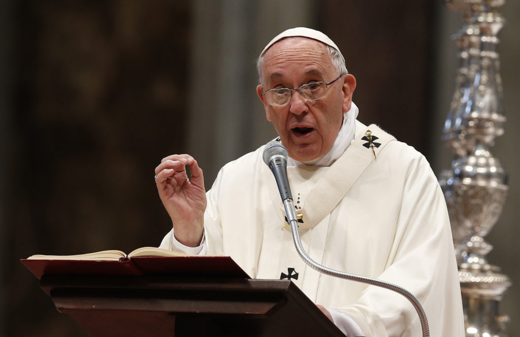 Pope Francis gives the homily during the ordination Mass for 19 new priests in St. Peter's Basilica at the Vatican April 26. In his homily, the pope told the new priests to make sure their homilies were not boring. (CNS photo/Paul Haring) 