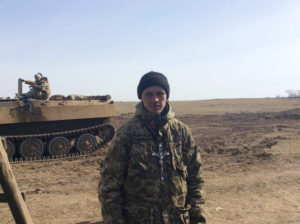 Pallotine Father Viacheslav Hrynevych stands on front line between Ukrainian armed forces and pro-Russian separtists  near Troitske, Ukraine, March 24, 2014. (CNS photo/courtesy Mariana Karapinka) 