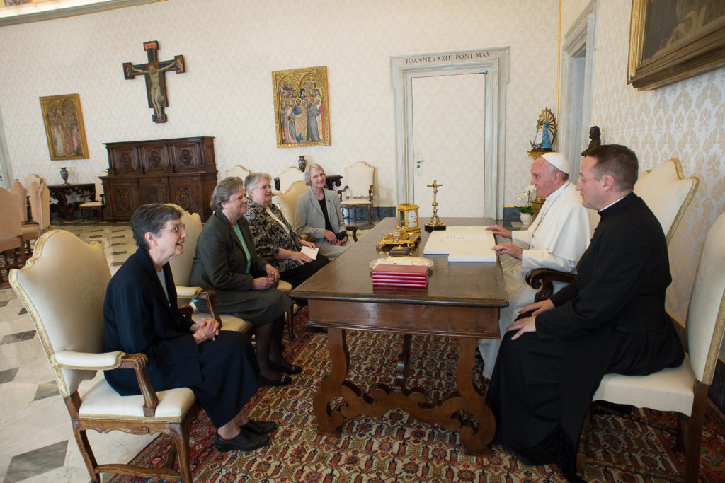 Pope Francis meets with representatives of the U.S. Leadership Conference of Women Religious in his library in the Apostolic Palace at the Vatican April 16. The same day the Vatican announced the conclusion of a seven-year process of investigation and dialogue with the group to ensure fidelity to church teachings. The outcome resulted in revised statues approved by the Vatican. (CNS photo/L'Osservatore Romano) 