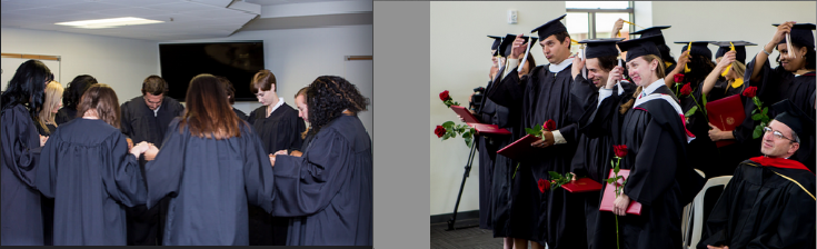 Graduates pray prior to the first commencement ceremony for Benedictine University at Mesa May 16 (left) and turn their tassels (right). (photo courtesy of Benedictine University at Mesa)
