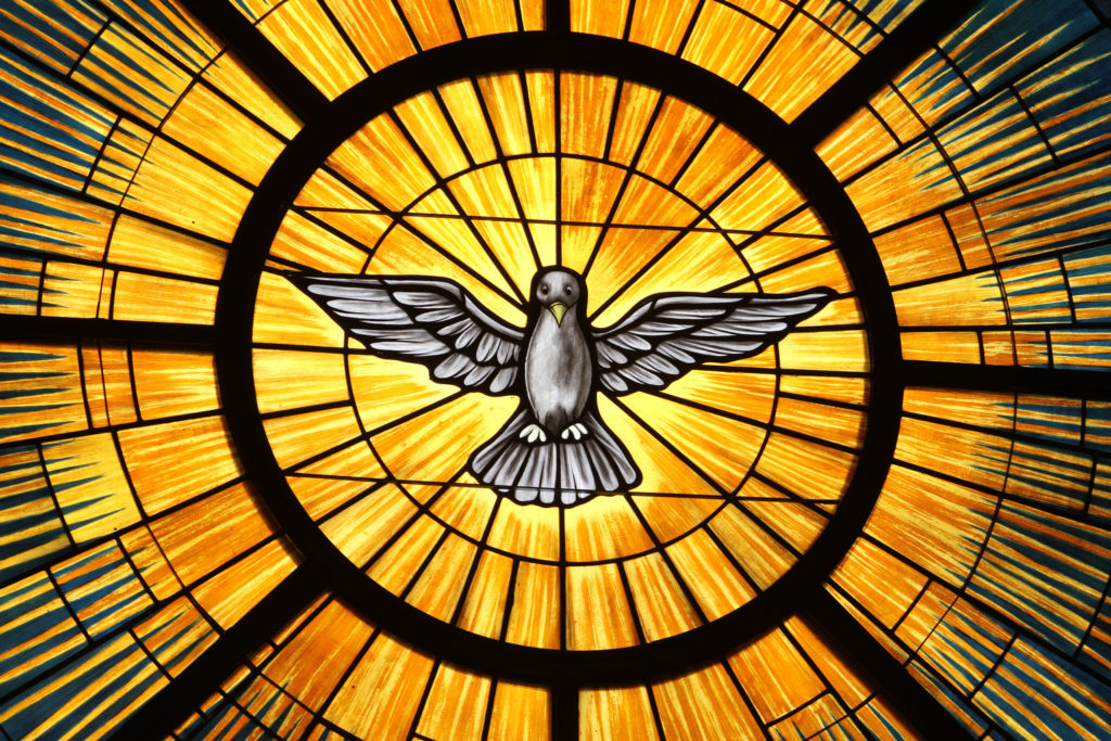 The Holy Spirit, traditionally depicted as a dove, is pictured in a stained-glass window at St. John Vianney Church in Lithia Springs, Ga. The feast of Pentecost, marking the descent of the Holy Spirit upon the apostles, is May 24 this year. (CNS photo/Michael Alexander, Georgia Bulletin)