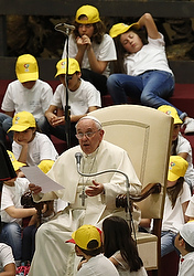 Pope Francis leads an audience with children from the Fabbrica della Pace group in Paul VI hall at the Vatican May 11.  (CNS photo/Paul Haring) 