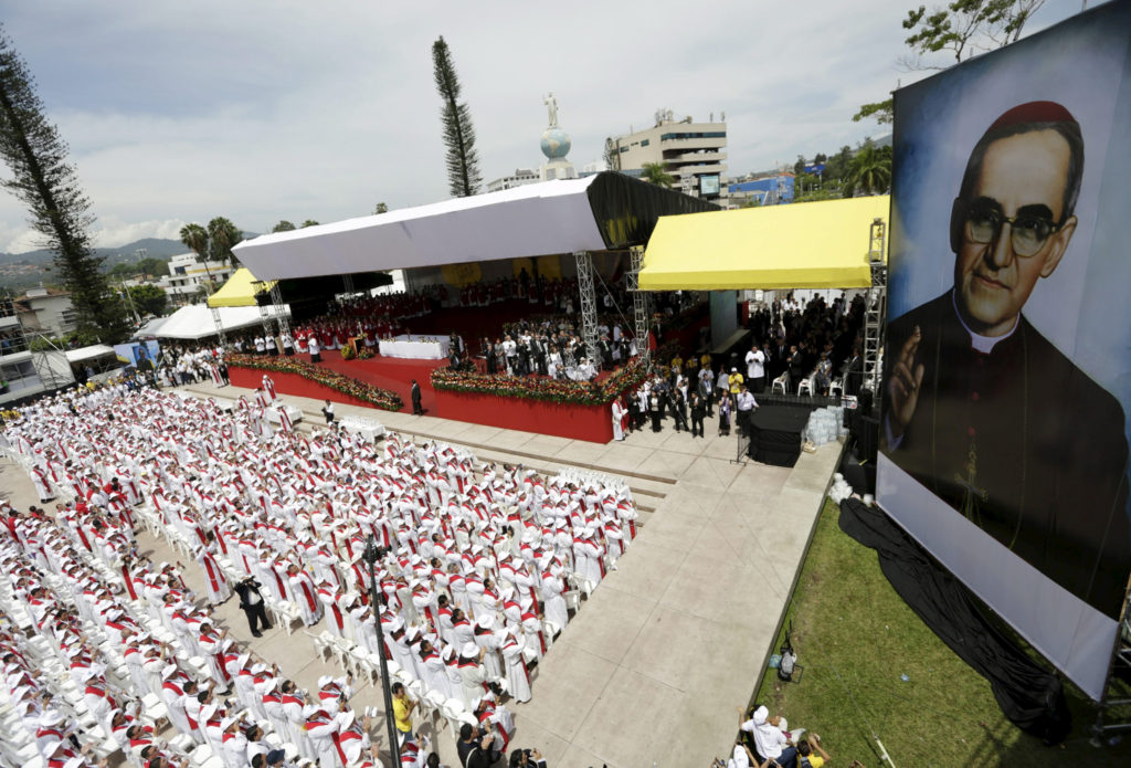 Priests attend Archbishop Oscar Romero's beatification Mass in the Divine Savior of the World square in San Salvador May 23. (CNS photo/Jorge Dan Lopez, Reuters) 