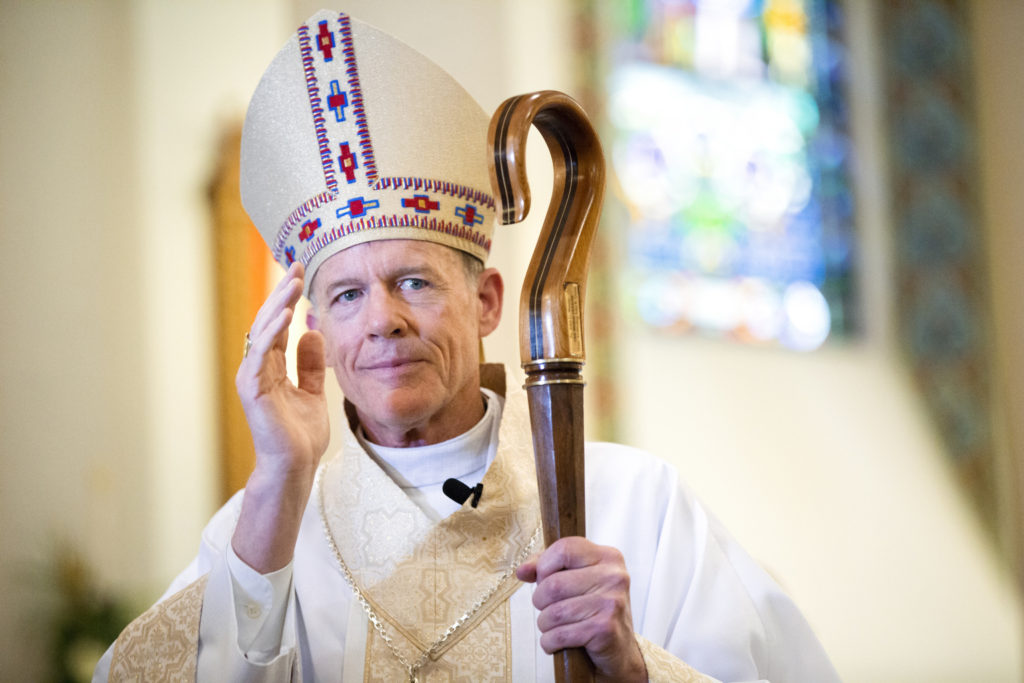 Archbishop John C. Wester gestures during his installation as the 12th archbishop of Santa Fe, N.M., at the Cathedral Basilica of St. Francis of Assisi in Santa Fe June 4. He succeeds retired Archbishop Michael J. Sheehan.